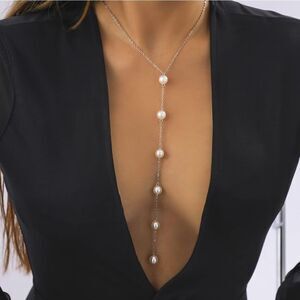 Pearl Y Shaped Necklace Long Pendant Dainty Pearl Drop Silvery or Golden Chain